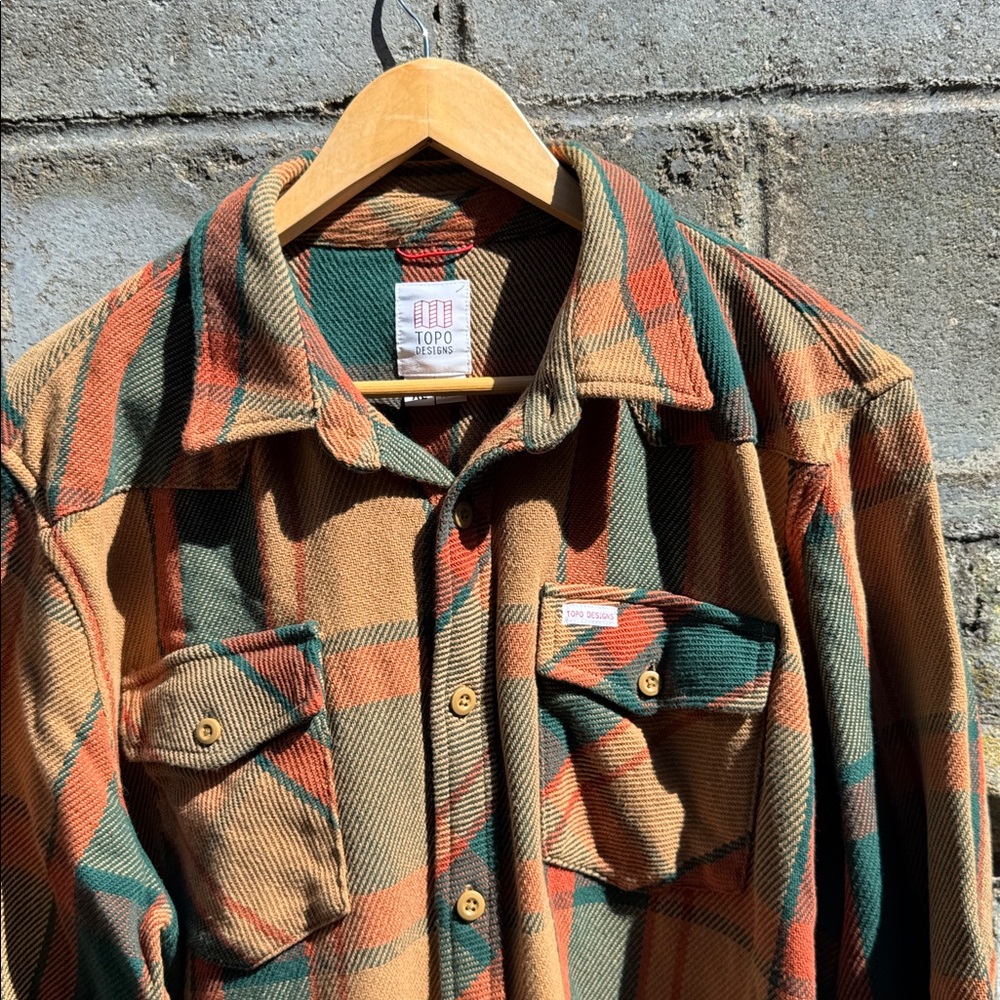 Topo Designs mountain heavyweight shirt size xl orange plaid flannel hiking